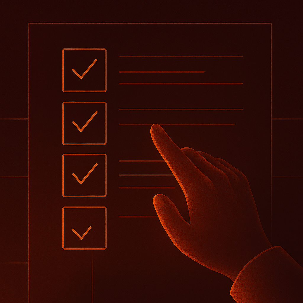 Stylized graphic of a hand touching a digital checklist