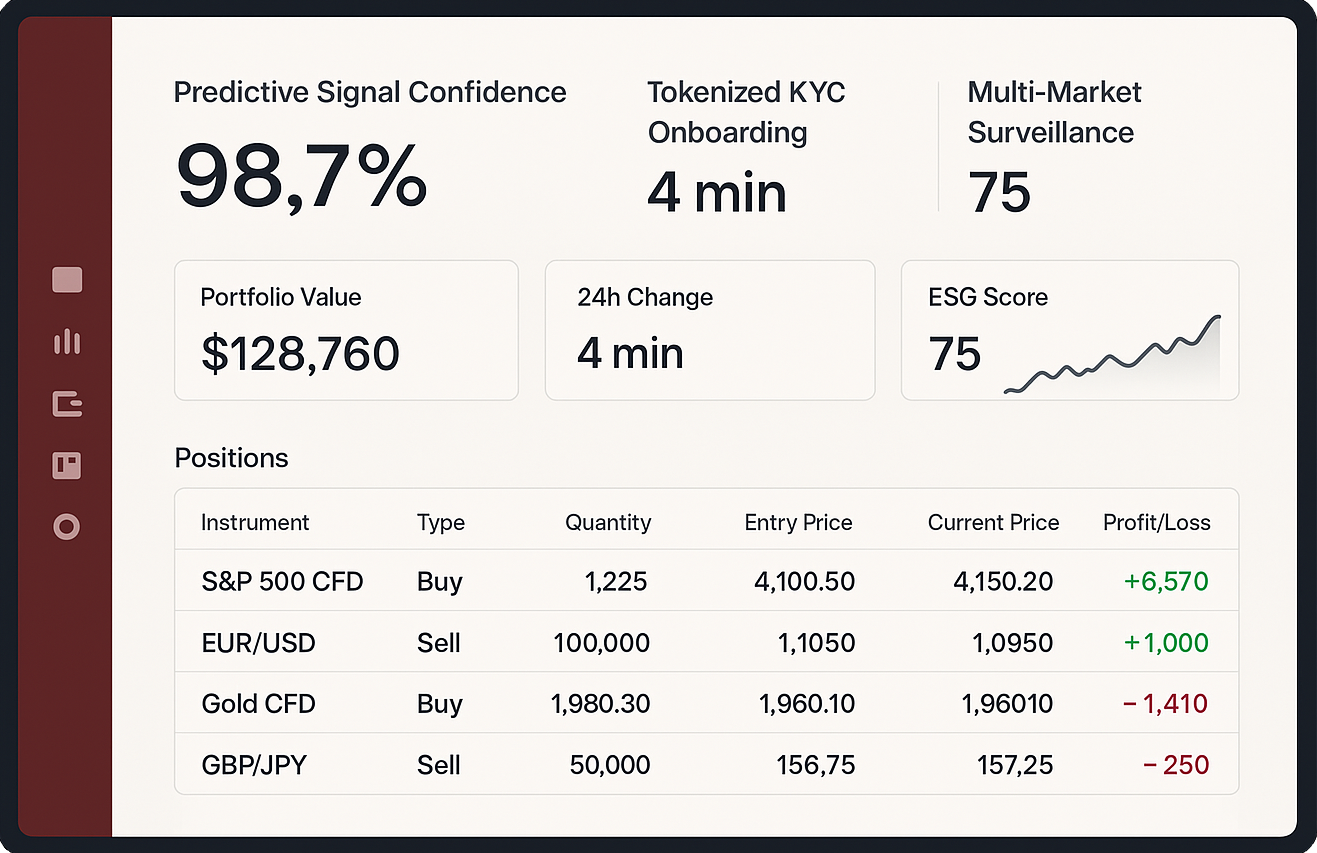 A preview of the Sans Mercantile™ AI-driven trading platform dashboard, showing predictive signal confidence and other metrics.