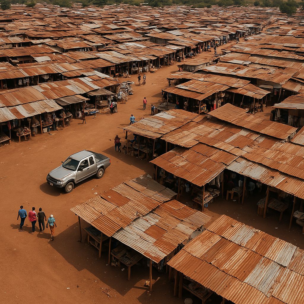 Aerial view of a township market with people and vehicles
